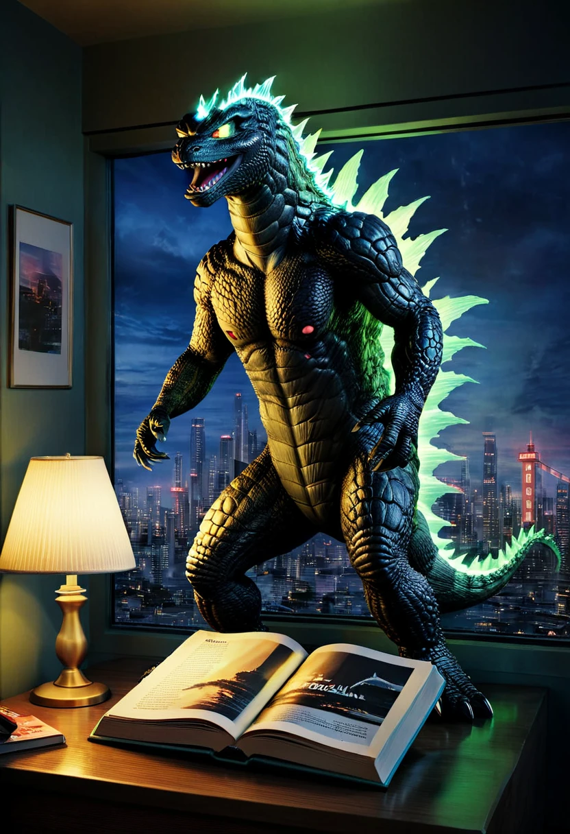 close-up, ((creates a book with the cover of Godzilla:1.5,text, (Godzilla:1.5))), pay attention to the book, which is on a nightstand, with a lit nightstand, masterpiece, HD, cinematic lighting, blurred background, 32k
