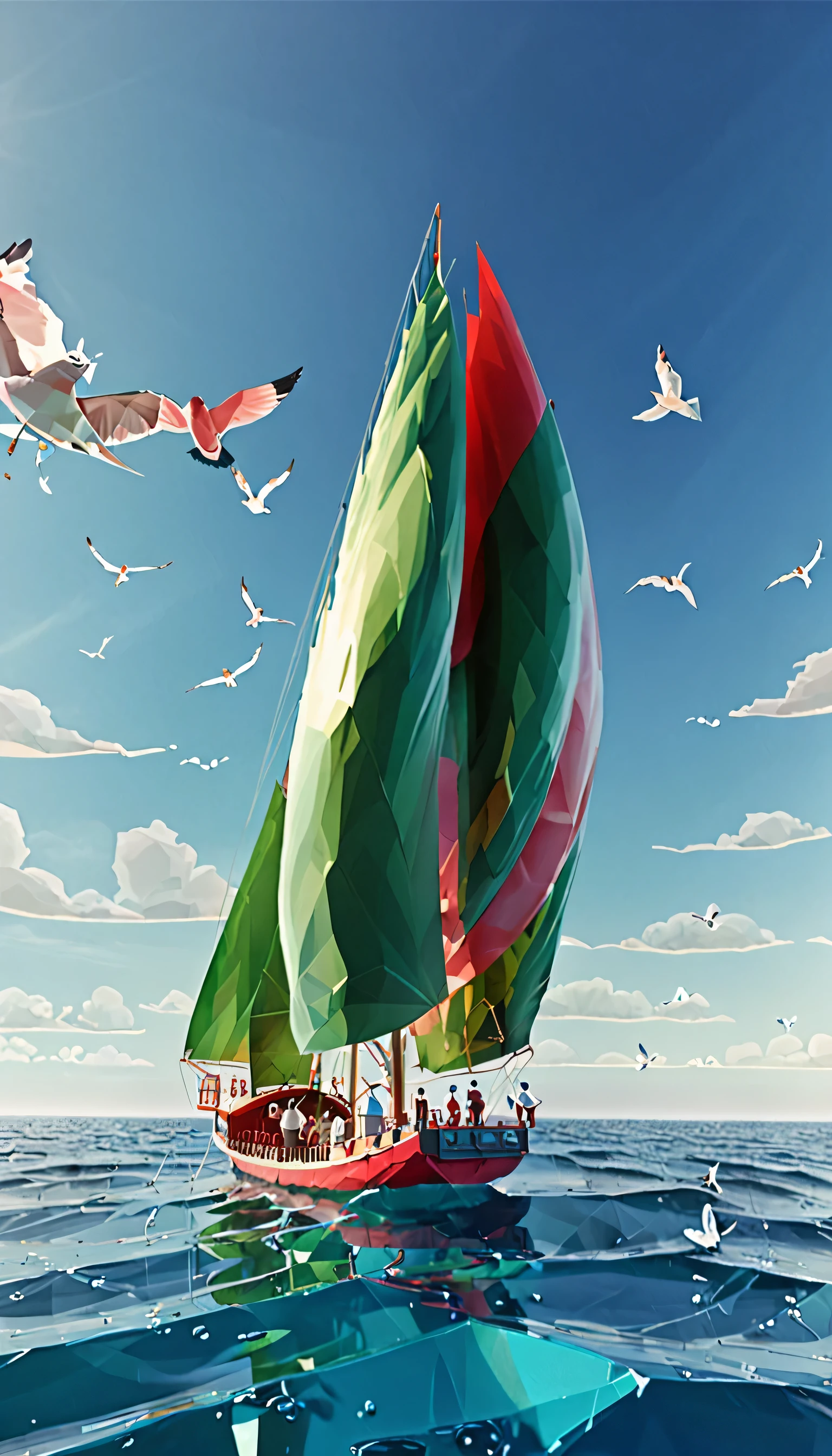 A watermelon shaped simple ship without passengers, sailing on the vast blue ocean, seagulls, enthusiastic dolphins, flying leaves,Beautiful atmosphere, clear cloudy sky, 