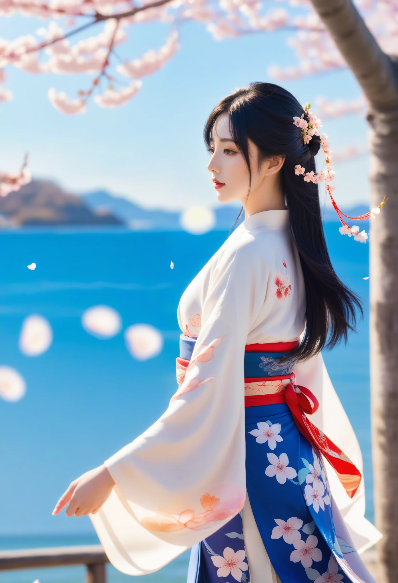 1 girl,black hair, flowing hair, seaside,landscape,landscape,Cherry blossoms, falling petals, Sunlight,divine light,Upper body,  color,skirt,kimono