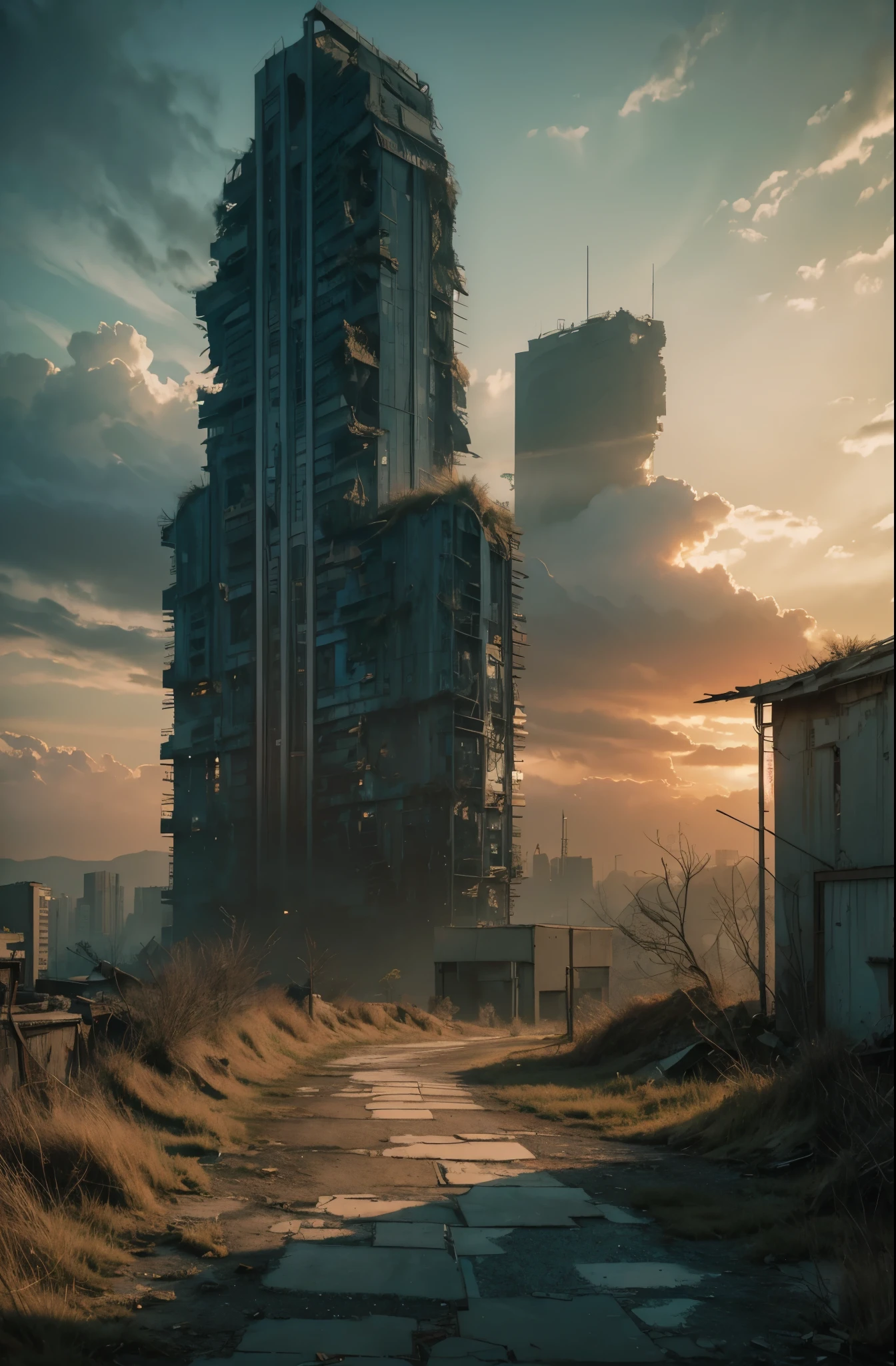 (best quality,4k,8k,highres,masterpiece:1.2),ultra-detailed,(realistic,photorealistic,photo-realistic:1.37),watercolor painting,sunset,apocalyptic,post-apocalyptic,end of the world,new dawn,landscape,painting,detailed clouds,fading light,colorful sky,ruined buildings,dilapidated structures,overgrown vegetation,futuristic,desolate,isolated,new beginning,desolation,fading hope,peaceful emptiness,mysterious atmosphere,vertical composition,muted colors,soft brush strokes,subtle color blending,light and shadow,ethereal,hopeful dawn,abandoned city,broken skyscrapers,faded beauty,majestic decay,overcast sky,muted pastel tones,reflective water surface,serene mood,solitude,deserted streets,quiet stillness,cracks on the wall,crumbling structures,allure of destruction,unspoken stories,vivid memories,fading memories,vulnerable optimism,vibrant hues,traces of humanity,distant horizon,silence of the aftermath,warm glows,gentle tranquility,magical ambiance,soft sunlight streaming through,melancholic beauty,vivid imagination,contrasting textures,complementary colors,wistful longing,infinite possibilities,harmony in chaos,ephemeral beauty,transcendental experience,moments frozen in time,whispering breeze,undulating clouds,dark silhouettes,dream-like landscape.