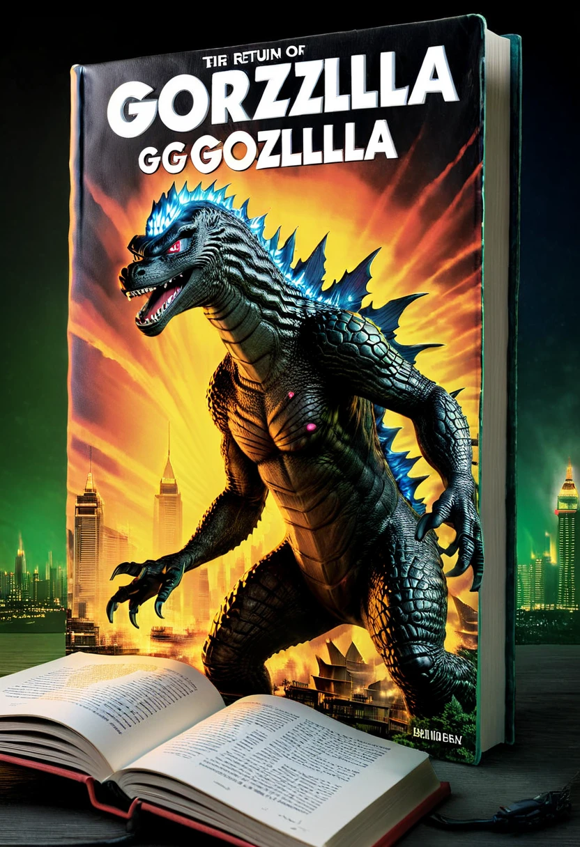 close-up, (((cover of a book with the image of Godzilla:1.5), and a text that says, (The Return of Godzilla:1.5))), pay attention to the book, which is on a nightstand, with a lit nightstand, masterpiece, HD, cinematic lighting, blurred background, 32k