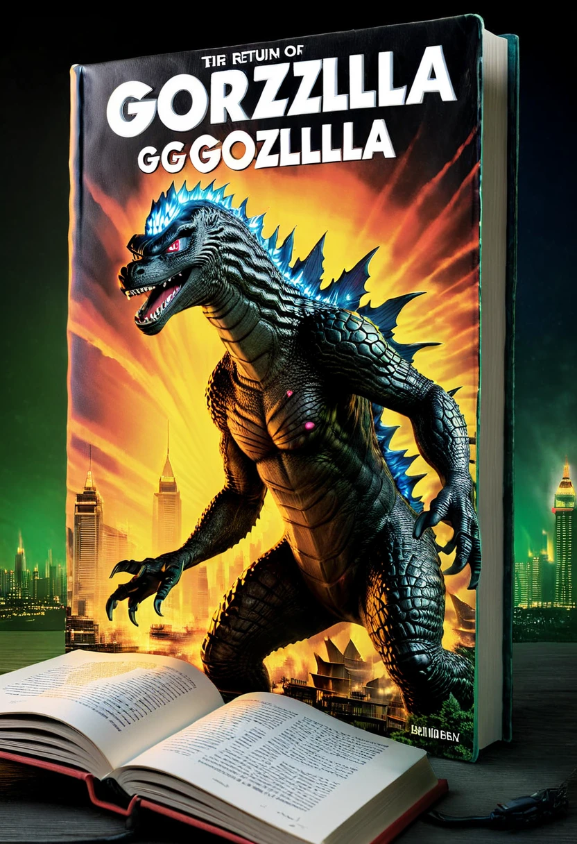 De cerca, (((portada de un libro con la imagen de Godzilla:1.5), y un texto que dice, (El regreso de Godzilla:1.5))), presta atención al libro, que está en una mesita de noche, con una mesita de noche iluminada, obra maestra, alta definición, iluminación cinematográfica, Fondo borroso, 32k