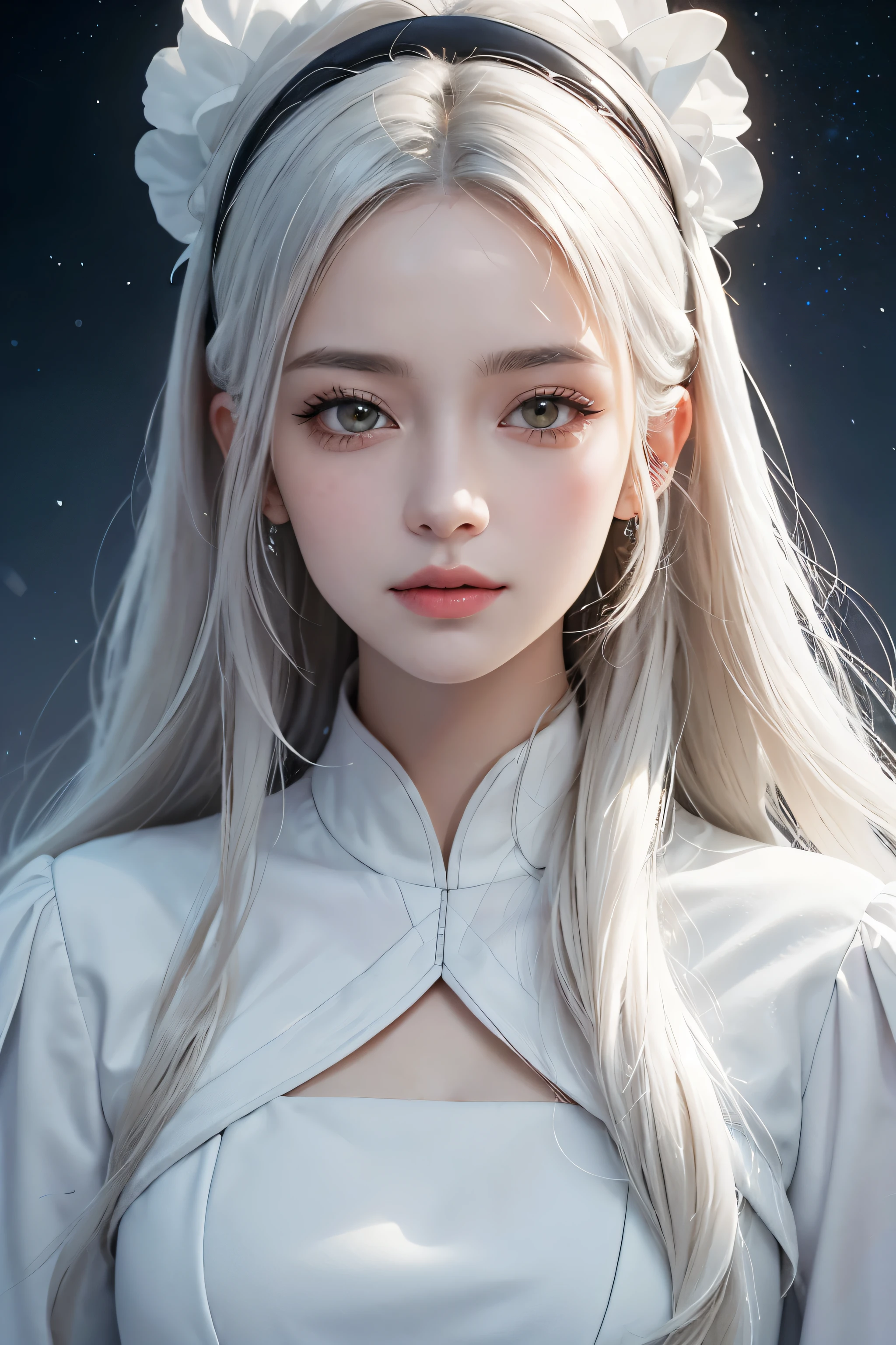 Beautiful woman with，Exuding the aura of fanatical power，Gundam cockpit，white long sleeve dress，whole body，long skirt，Radiate brilliance，（Fly in the sky，divine light,masterpiece：1.4），（best quality：1.4），（beauty girl，Very rich facial details，white hair， hair loose，luster， Bokeh， Ultra-detailed RAW quality, moon，Milky Way，snow，close up, （Manipulate light），lifelike, High resolution, soft light,1 miss, keen vision, noble and inviolable temperament, (([miss]: 1.2 + [beauty]: 1.2 + Long white hair: 1.2)), Bright Eyes, clear beauty, beauty delicate eyes, Good 8KCG wallpaper, official art， super detailed， masterpiece， best quality，