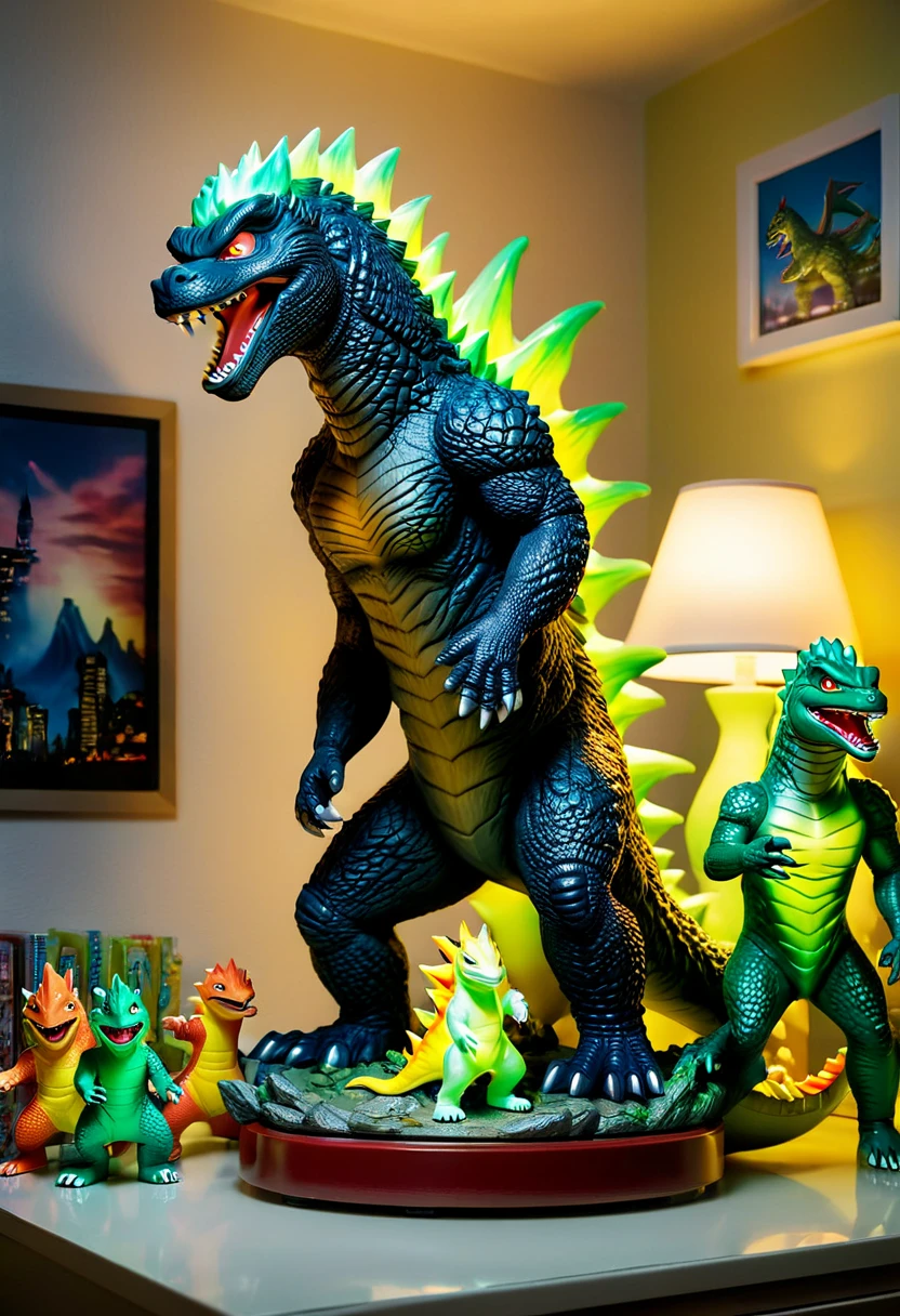 close-up, (((several children's figurines with the image of Godzilla:1.5), ((pay attention to the figurines, which are in a children's room:1.4)), with a lit nightstand, masterpiece,HD, lighting cinematic, blurred background, hyper detailed and beautiful, 32k