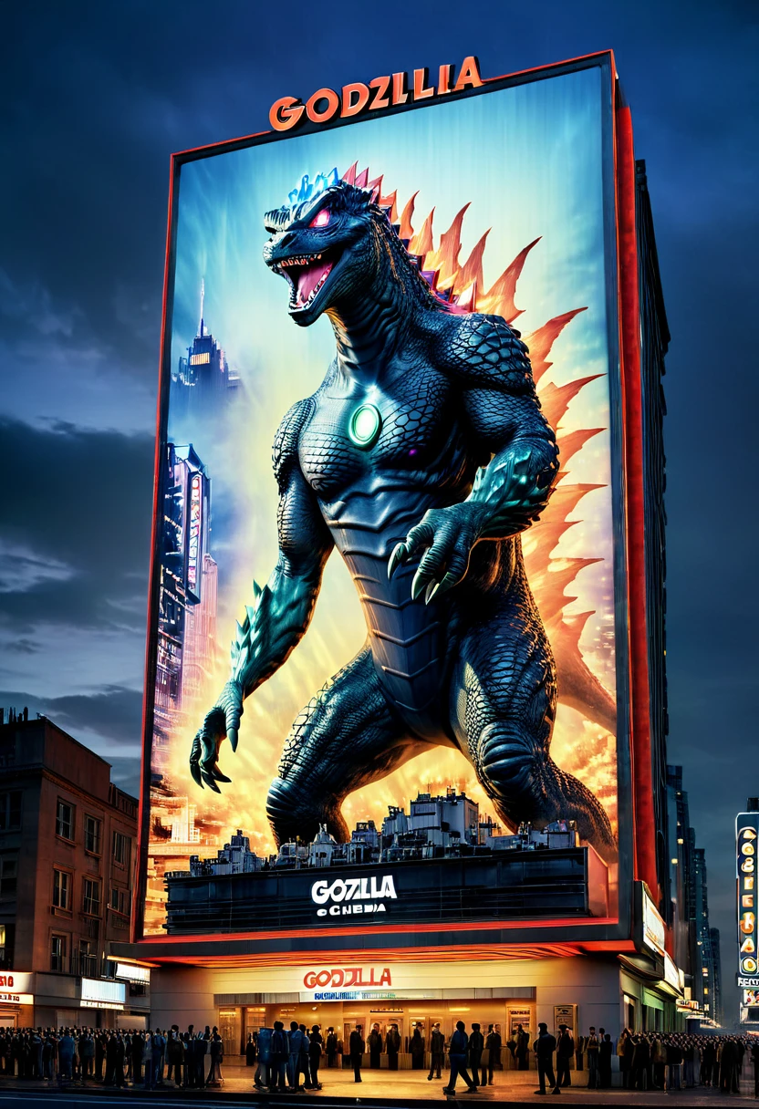 Fermer,(((Affiche de cinéma avec l'image de Godzilla et des lumières:1.5), ((Des gens font la queue pour entrer au cinéma:1.4)), chef-d&#39;œuvre,HD, Éclairage cinématographique, Arrière-plan flou, Hyper détaillé et beau , 32k