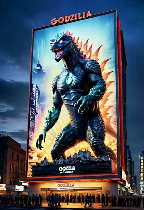close-up,(((cinema billboard with the image of Godzilla with lights of:1.5), ((people queuing to enter the cinema:1.4)), masterp...