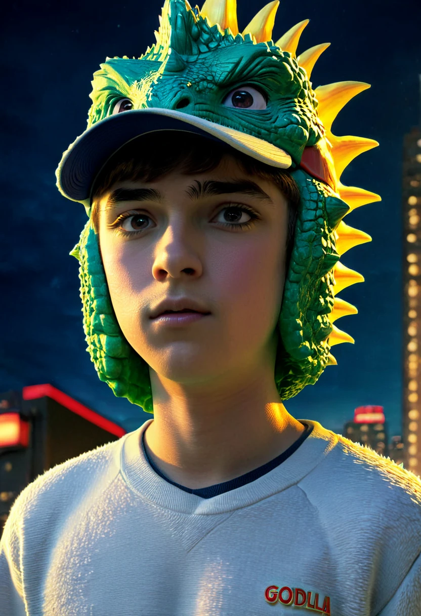 close-up,(((a young man wearing a Godzilla sweatshirt and cap :1.5), masterpiece,HD, cinematic lighting, blurred background, hyper detailed and beautiful, 32k