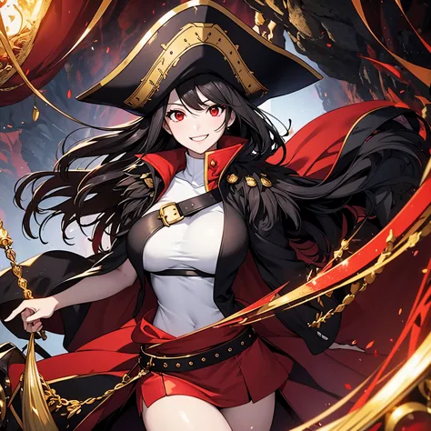 a woman wearing a white sleeveless shirt, a black coat with red details, a short red skirt, black hair, red eyes, a pirate comma...