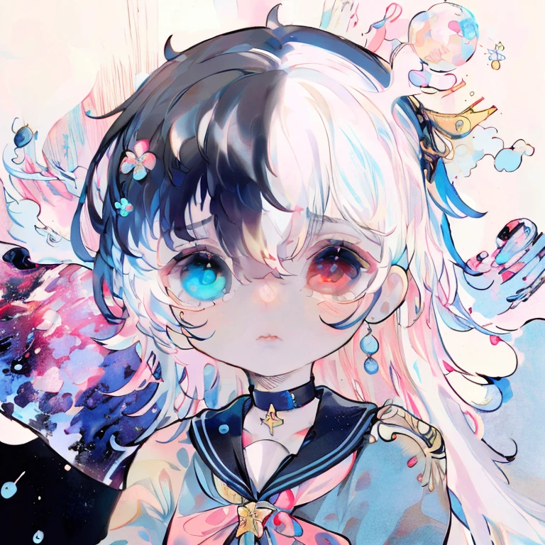 #Quality(8k,best quality,masterpiece,cinematic),#1 girl(cute, kawaii,solo,small kid,skin color white,pale skin,hair floating,hair color light blue,midium hair,hairbow,eye color is cosmic,big eyes,crying,colorful,closeup head shot,choker),#background(simple, cosmic,many stars,flower bloom,backlit,colorful),from side