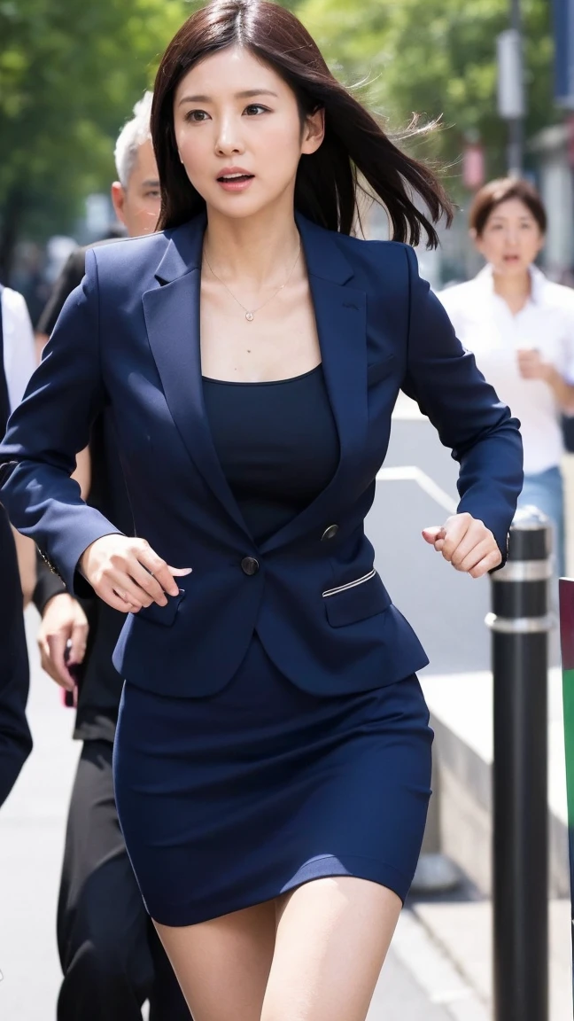 highest quality、masterpiece、ultra high resolution、(realistic:1.4)、downtown Tokyo、woman、ライオンから逃げるwoman、(((Run here、full speed force)))、Running Stance ,serious expression、beautiful woman、business suit、skirt、handbag、high heels