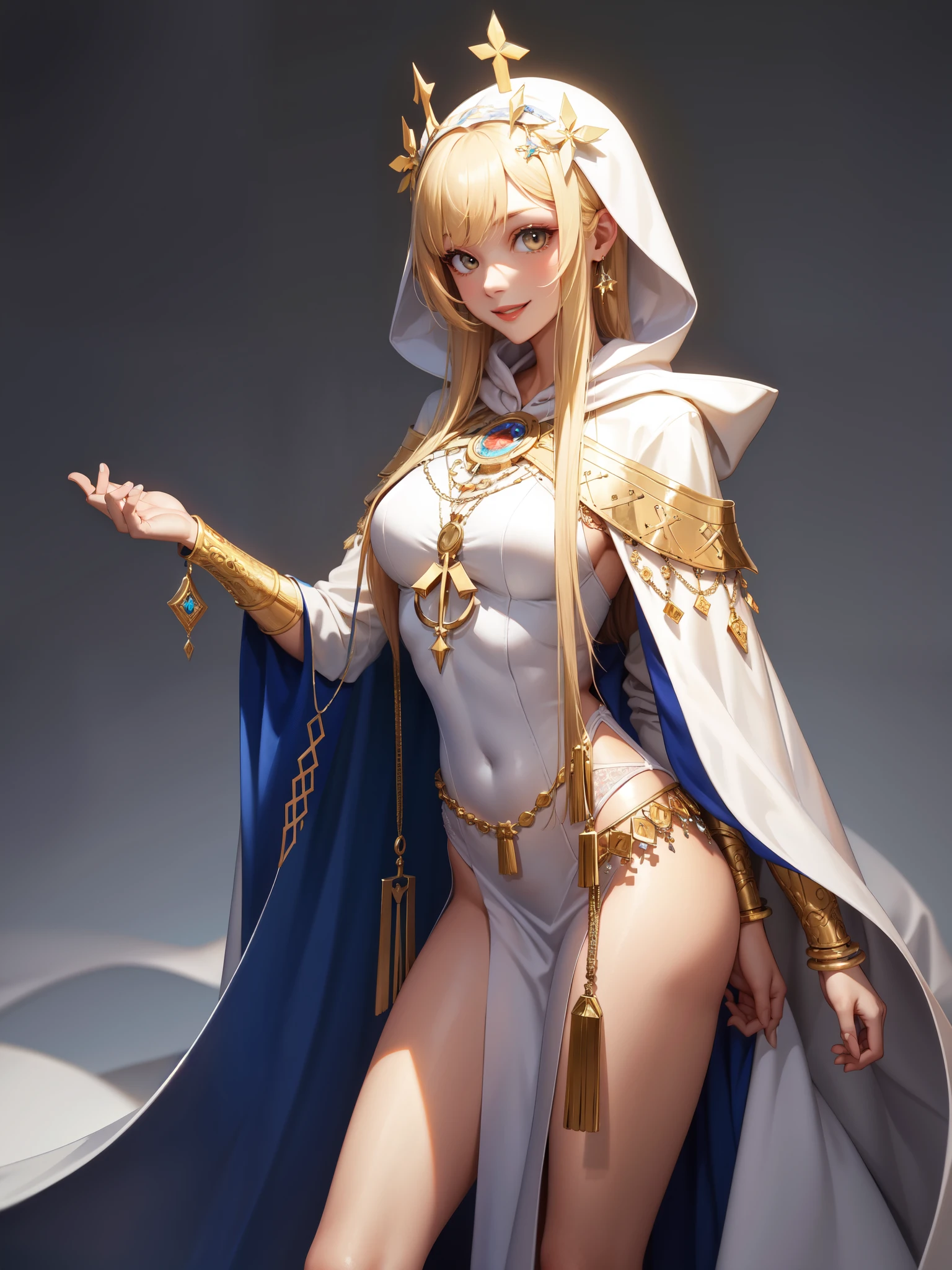 perfect eyes:1.2, detailed eyes:1.4, blonde hair, sidelocks, long hair, brown eyes, fringe, smile, jewelry, priestess, white dress, white clothes, white robe, hood, hair over shoulder, pelvic curtain dress, 1girl, solo, (masterpiece:1.6, best quality),
