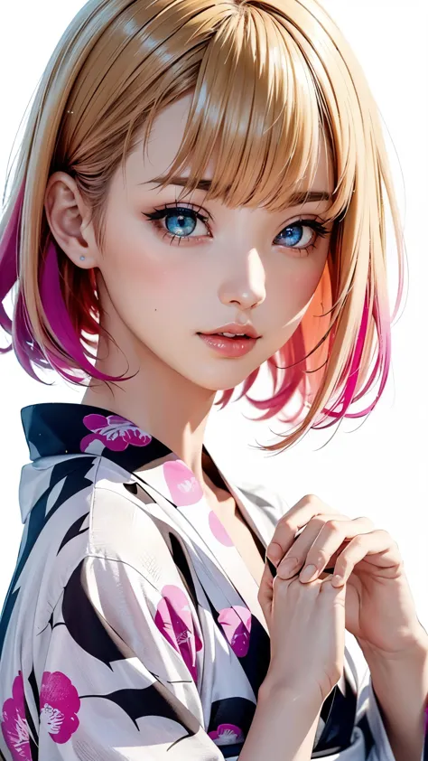 in summer in japan, Side cut layered bob hairstyle, Blonde hair with pink inner color. She has beautiful sparkling purple eye co...