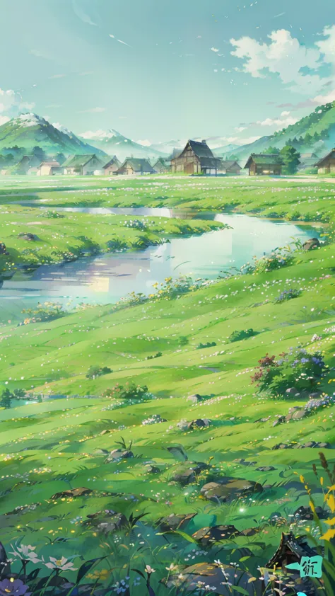 anime rural scenery, paddy和流淌的河流, A beautiful artistic illustration, by Xia Yong, Japanese countryside, by Zhang Zongcang, landscape illustration, by Sheng Maoye, by Xia Gui, by Ye Xin, paddy, 