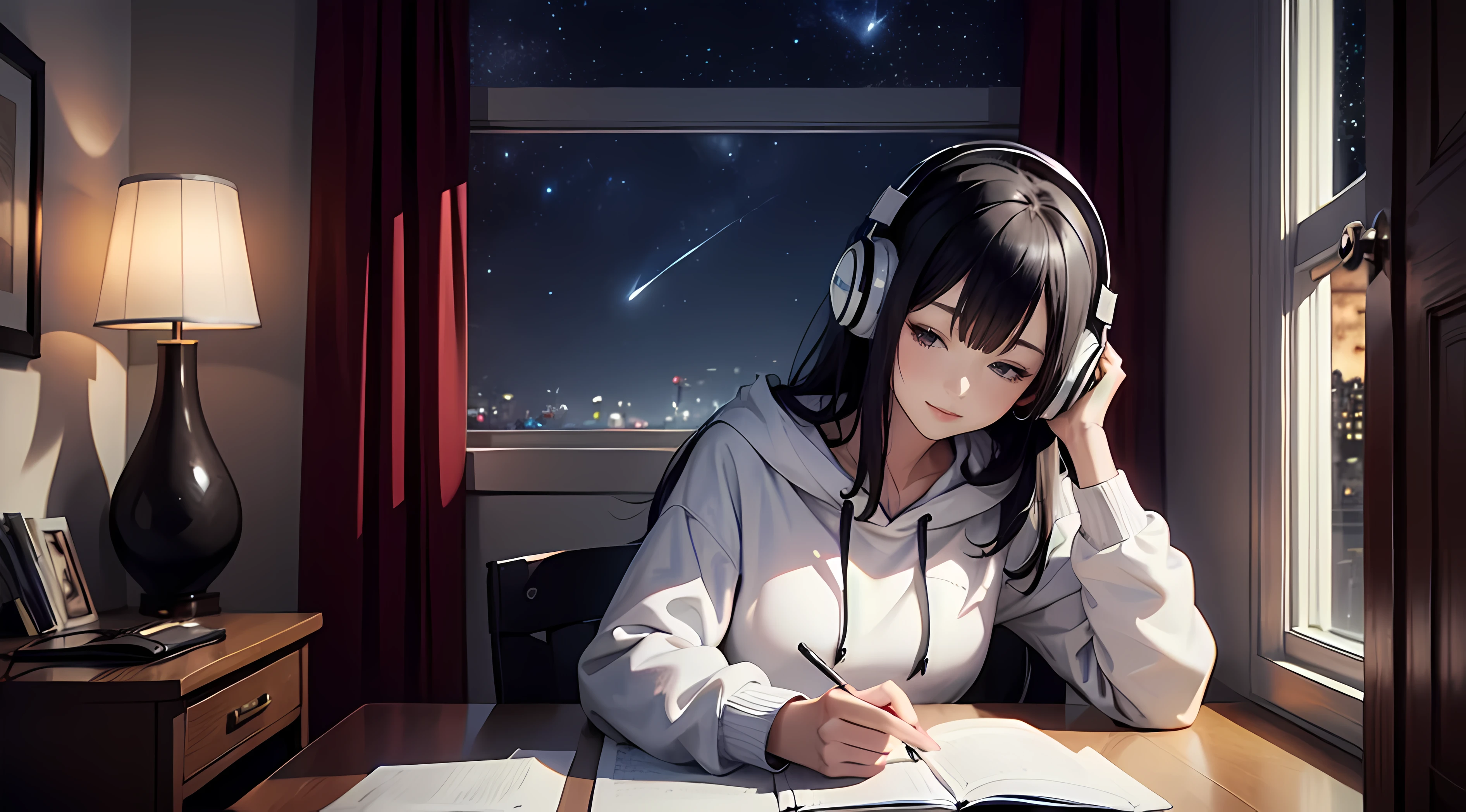 black hair　long hair　An adult woman is studying in her room, large room　Listening to music through headphones, Looks very comfortable. Bright stars are twinkling outside the back window,white hoodie