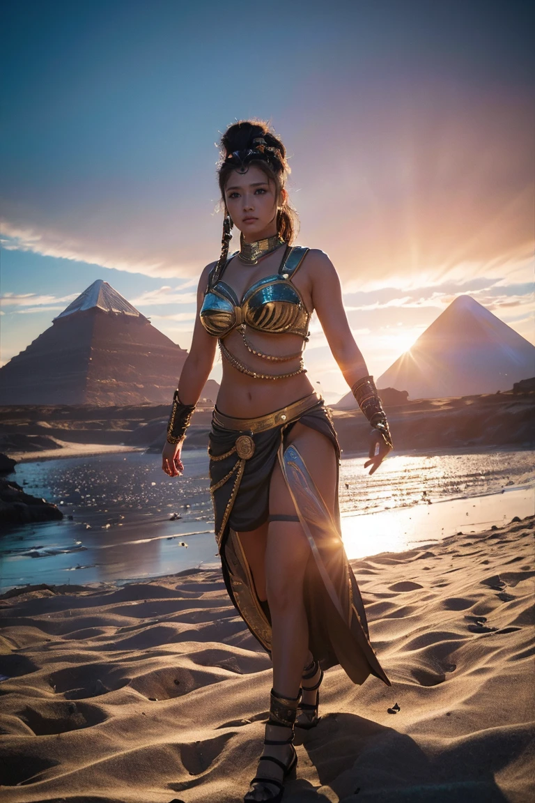 ((highest quality、8K、masterpiece:1.3))、Photoreal, sharp focus, High level image quality, High resolution, portrait, one person, woman, beautiful woman, sexy、Egyptian female warrior walking in ancient Egypt、complex technology, Remote pyramids and ancient Egyptian cities、cyber-、Light and shadow、blue light、