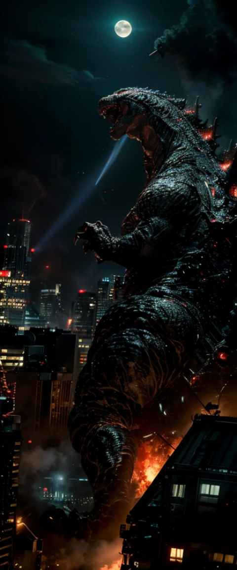 ((masterpiece, highest quality, Highest image quality, High resolution, photorealistic, Raw photo, 8K)), Godzilla, Godzilla attacks Tokyo at night, stomping buildings and shooting lasers from its mouth, distant view of the city at night, fires everywhere, (seen from above:1.2),