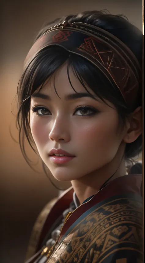 A cute hot Mongolian woman, in the Altai Mountains, hawking, short black hair, brown skin stunningly beautiful girl, brown brigh...