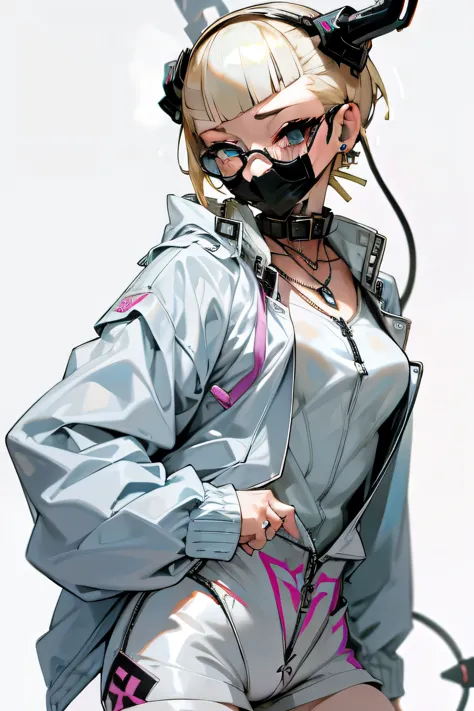 female gamer, ((wet thin white shirt, open zip fashion windbreaker, hot pants, glasses, earrings, necklace, brother, face mask, ...