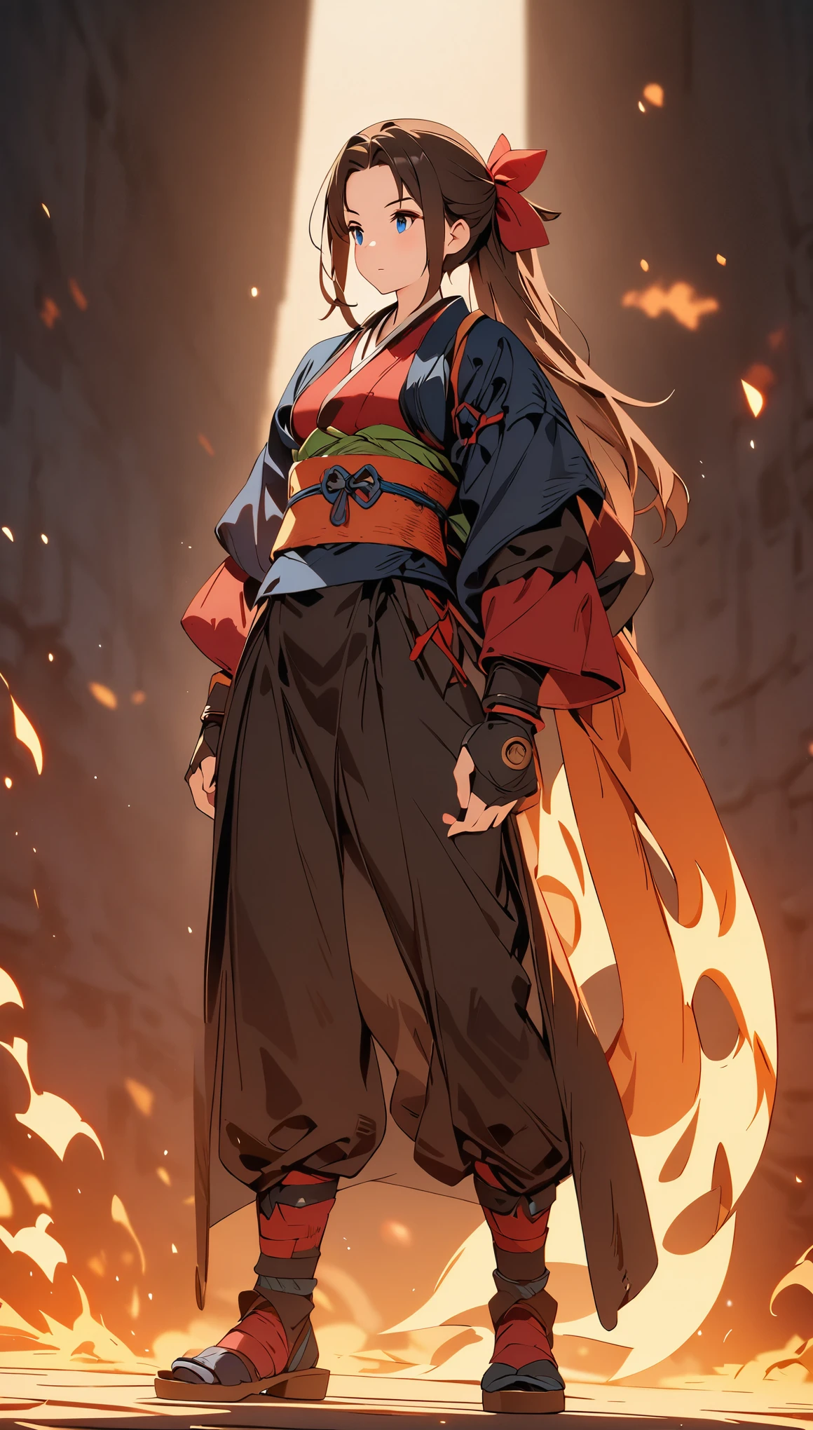 female adventurer, full body, Game Art Style, (masterpiece), highest quality, High resolution, 4k, 8K, Detail view, intricate details, cinematic lighting, amazing quality, 1 girl, Samurai Woman,Otachi、 great shading, soft lighting, Face-to-face camera, perfect eyes、Burning background、dim lighting、dark、Flame Light