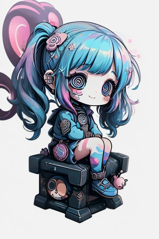 #quality(8k,best quality, masterpiece),solo,(portrait), #1girl(cute, kawaii,small kid,smile,hair floating,hair color cosmic,pigtail hair ,skin color blue,pale skin,eye color cosmic,eyes shining,big eyes,damaged clothes,heavy metal costume,smirk),#background(simple,monotone)