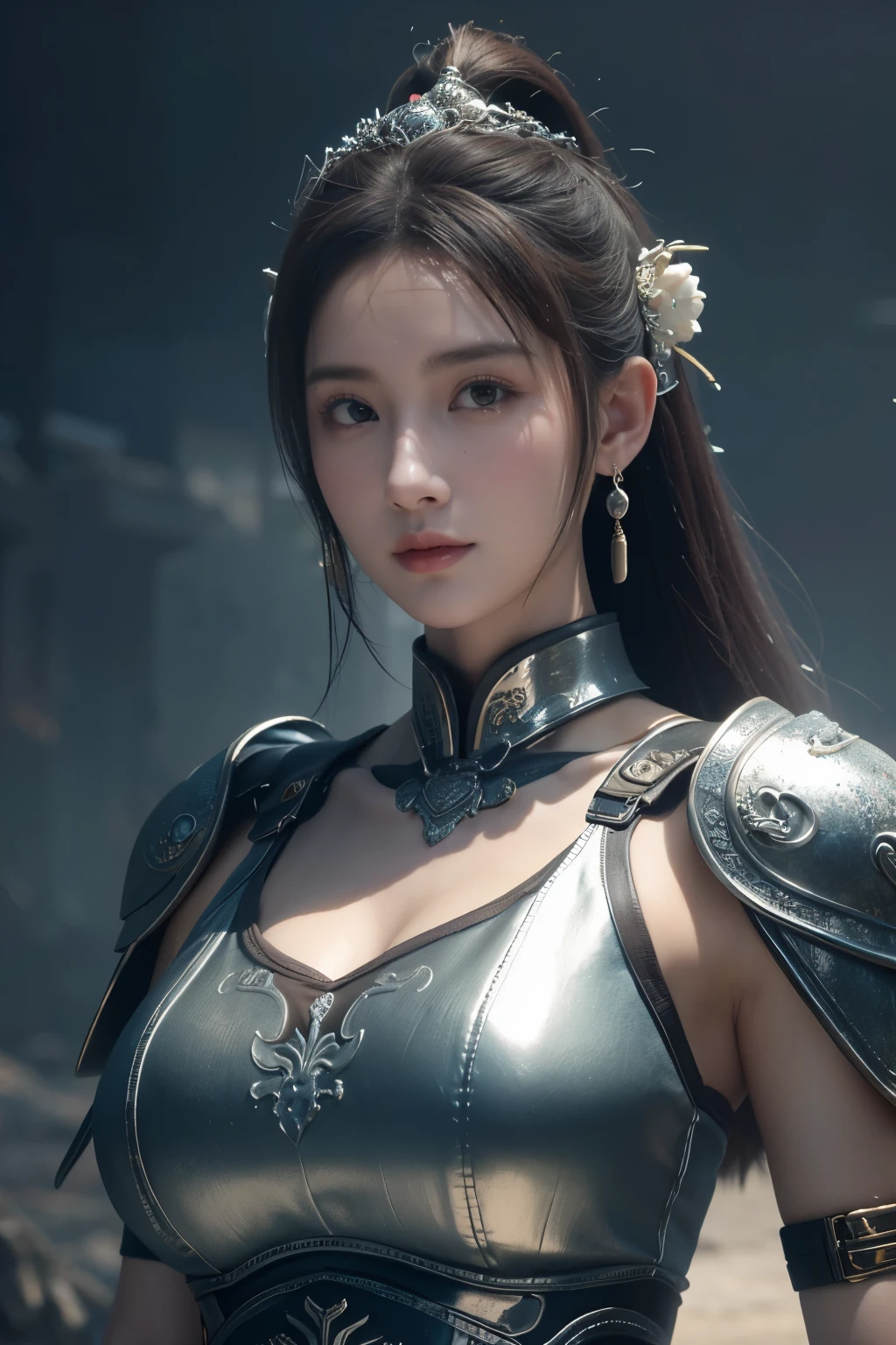 Game art，The best picture quality，Highest resolution，8K，(A bust photograph)，(Portrait)，(Head close-up)，(Rule of thirds)，Unreal Engine 5 rendering works， (The Girl of the Future)，(Female Warrior)， 
15 year old girl，(The generals of ancient China)，An eye rich in detail，(Big breasts)，Elegant and noble，indifferent，brave，
(Wearing ancient Chinese style armor，Armor of Tang Dynasty，Costumes are rich in detail，Metallic luster，Silver gray)，Chinese characters，fantasy style，
photo poses，wild background，Movie lights，Ray tracing，Game CG，((3D Unreal Engine))，OC rendering reflection pattern