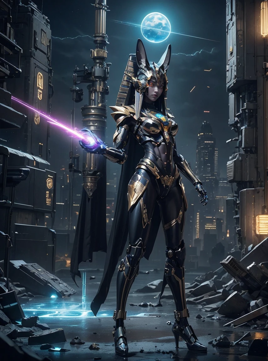 rough skin, Super detailed, advanced details, high quality, better quality, High resolution, 1080p, hard disk, beautiful,Anubis,beautifulサイボーグの女性,Mecha cyborg ,Battle on the Moon、radiates light in all directions、Laser beam、explosion、action pose