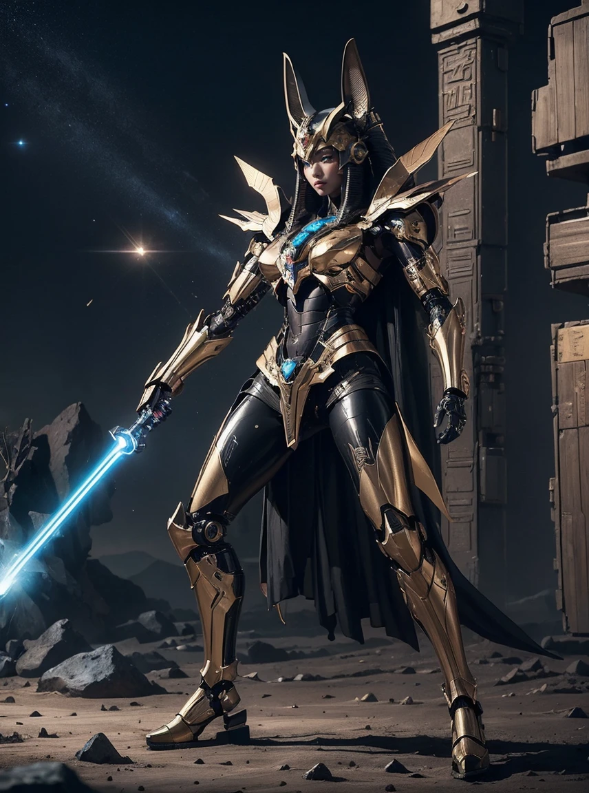 rough skin, Super detailed, advanced details, high quality, better quality, High resolution, 1080p, hard disk, beautiful,Anubis,beautifulサイボーグの女性,Mecha cyborg ,Battle on the Moon、radiates light in all directions、Laser beam、explosion、action pose