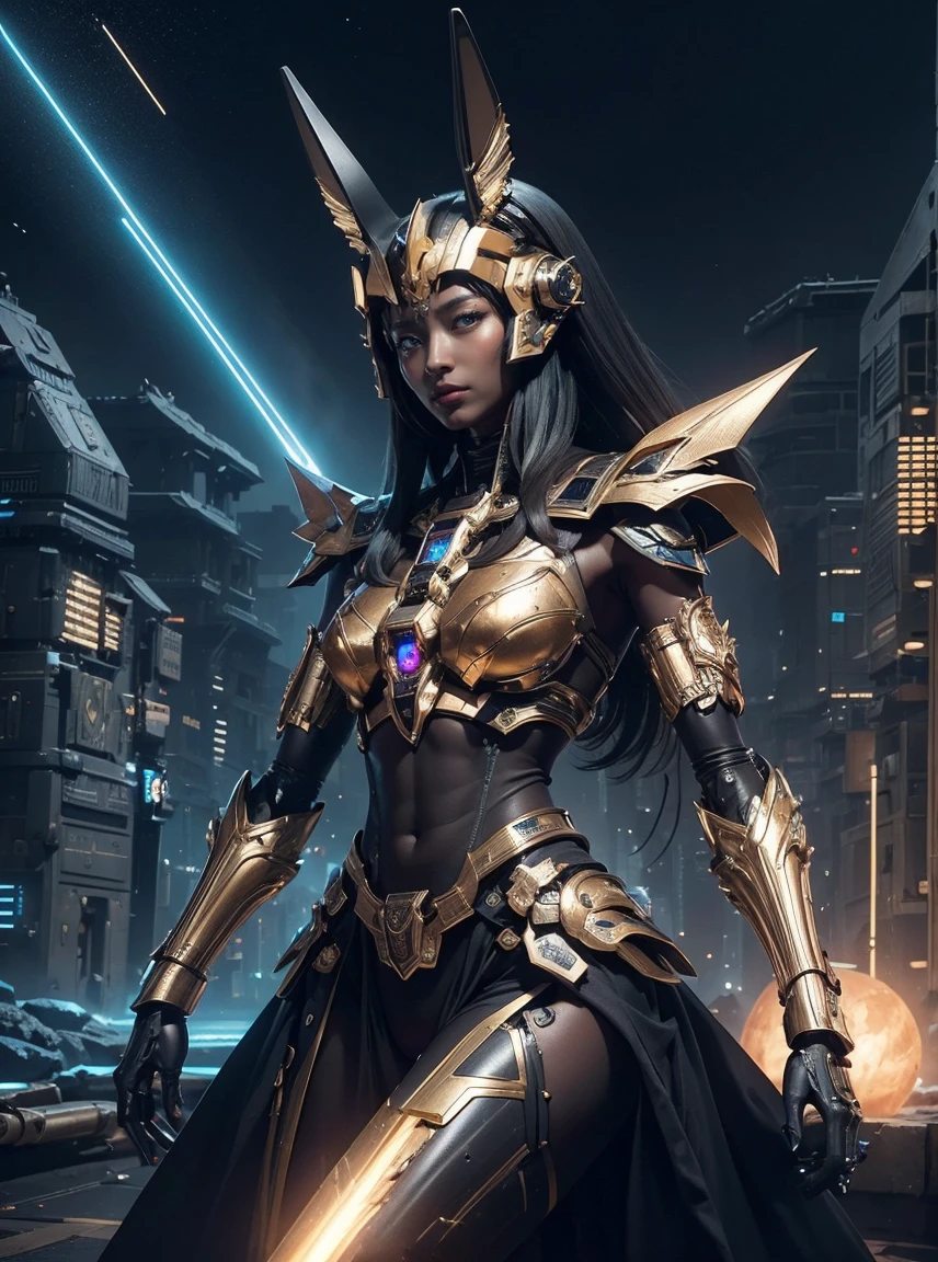 rough skin, Super detailed, advanced details, high quality, better quality, High resolution, 1080p, hard disk, beautiful,Anubis,beautifulサイボーグの女性,Mecha cyborg ,Battle on the Moon、radiates light in all directions、Laser beam、explosion、action pose