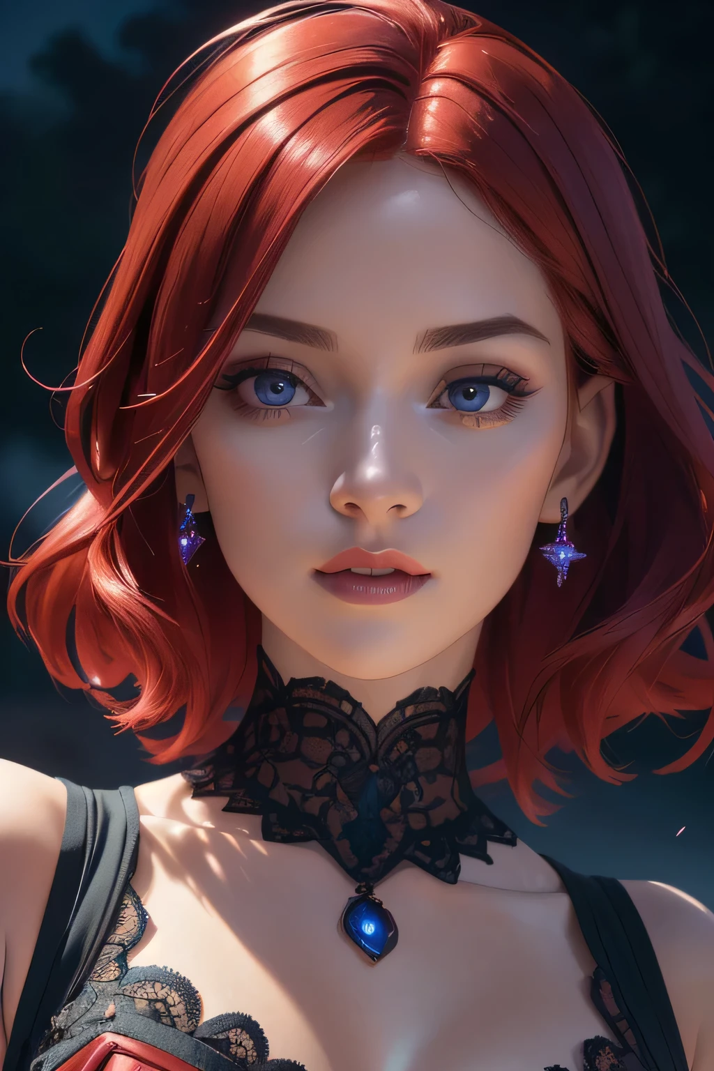 portrait shot, ((vivid red hair)), mature woman, 30 years old, diamond face, moonlight, red starry sky background, depth of field, magic, big red lips, ((dark black eyes)) black and red long and full dress, covered chest, mystical atmosphere, ominous shadows, Intense blue aura, Intense red aura (best quality:1.2), absurdres, intricate details, (highly detailed skin:1.2), smile expression, posing, taut and well defined body, attractive. Highly realistic, pale skin, beautiful, hyperrealism, skin very elaborated, direct gaze, (RAW, analogue, Nikon Z 14mm ultra-wide angle lens, award-winning glamour photograph, ((best quality)), ((masterpiece)), ((realistic)), skin pores, subsurface scattering, high-res, detailed facial features, high detail, sharp focus, smooth, aesthetic, extremely detailed, (extremely detailed eyes, extremely detailed iris), extremely detailed hair, extremely detailed skin, extremely detailed clothes, octane render, photorealistic, realistic, post-processing, max detail, realistic shadows, roughness, natural skin texture, real life, ultra-realistic, photorealism, photography, 8k UHD, photography, hdr, intricate, elegant, highly detailed, sharp focus, stunning, beautiful, gorgeous), realistic, masterpiece, highest quality, movie still, cloud girl, floating in the sky, (close-up:1.1), medium breast, bright, happy, fun, soft lighting, RAW photo, UHD, 32k, Natural light, cinematic lighting, masterpiece-anatomy-perfect, masterpiece:1.5
