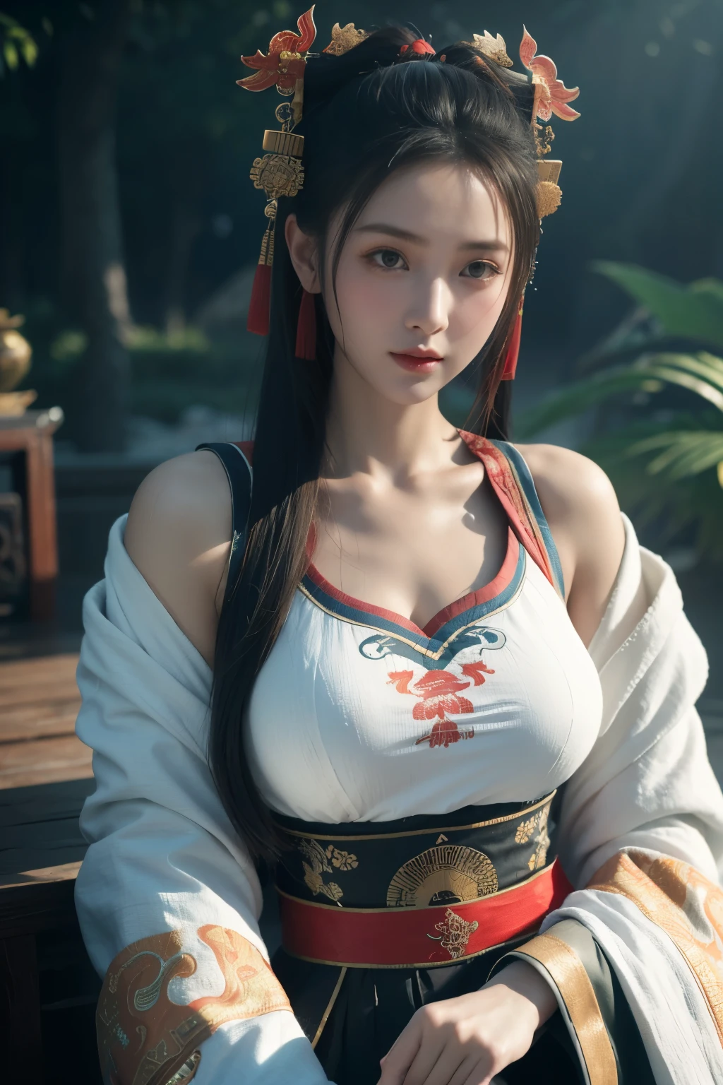 art du jeu，La meilleure qualité d&#39;image，la plus haute résolution，8k，(Une photographie de buste)，(portrait)，(Tête en gros plan)，(Règle des tiers)，Le rendu Unreal Engine 5 fonctionne， (La fille du futur)，(Guerrière)， 
fille de 20 ans，(Les généraux de la Chine ancienne)，Un œil riche en détails，(gros seins)，Élégant et noble，indifférent，Courageux，
(Porter un tissu chinois ancien，Hanfu chinois，Costumes de la dynastie Tang，Les costumes sont riches en détails，Teintes simples)，Caractères chinois，style fantastique，
poses de photos，fond sauvage，lumières de cinéma，tracé laser，jeu cg，((Moteur irréel 3D))，Modèle de réflexion du rendu OC