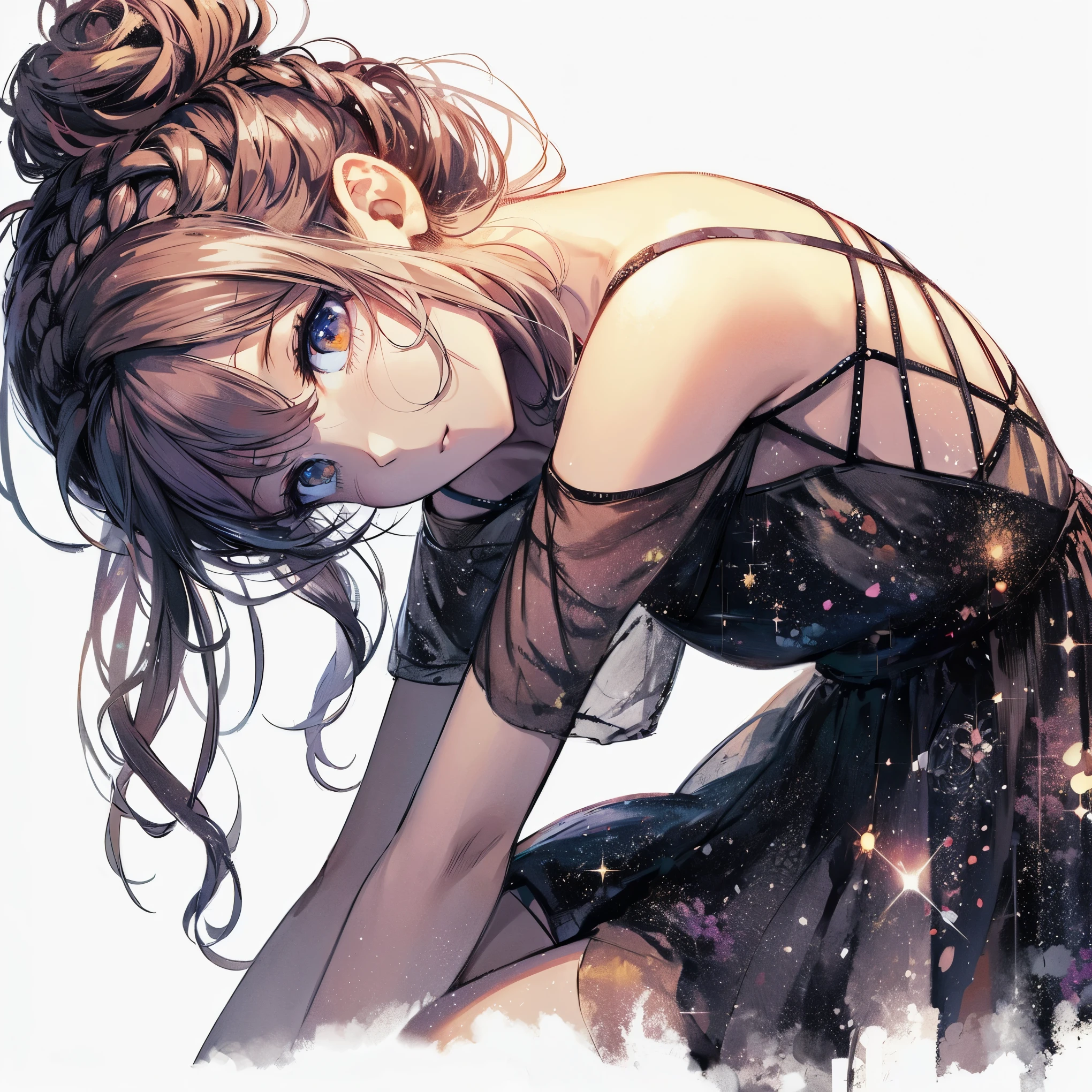 fille animée with long hair and black dress with stars in the background, beautiful fille animée, fille animée wearing a black dress, (fille animée), bel animé portrait, bel animé style, fille animée with cosmic hair, waifu anime mignon dans une jolie robe, pretty fille animée, bel animé woman, bel animé, fille animée, profile of fille animée, guweiz, Beaux yeux dessinés en détail, détaillée belle gros seins sexy