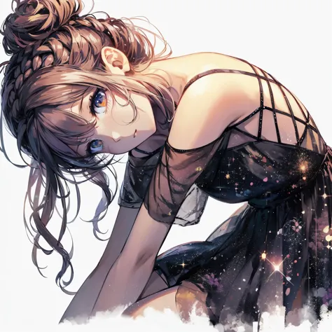 anime girl with long hair and black dress with stars in the background, beautiful anime girl, anime girl wearing a black dress, ...