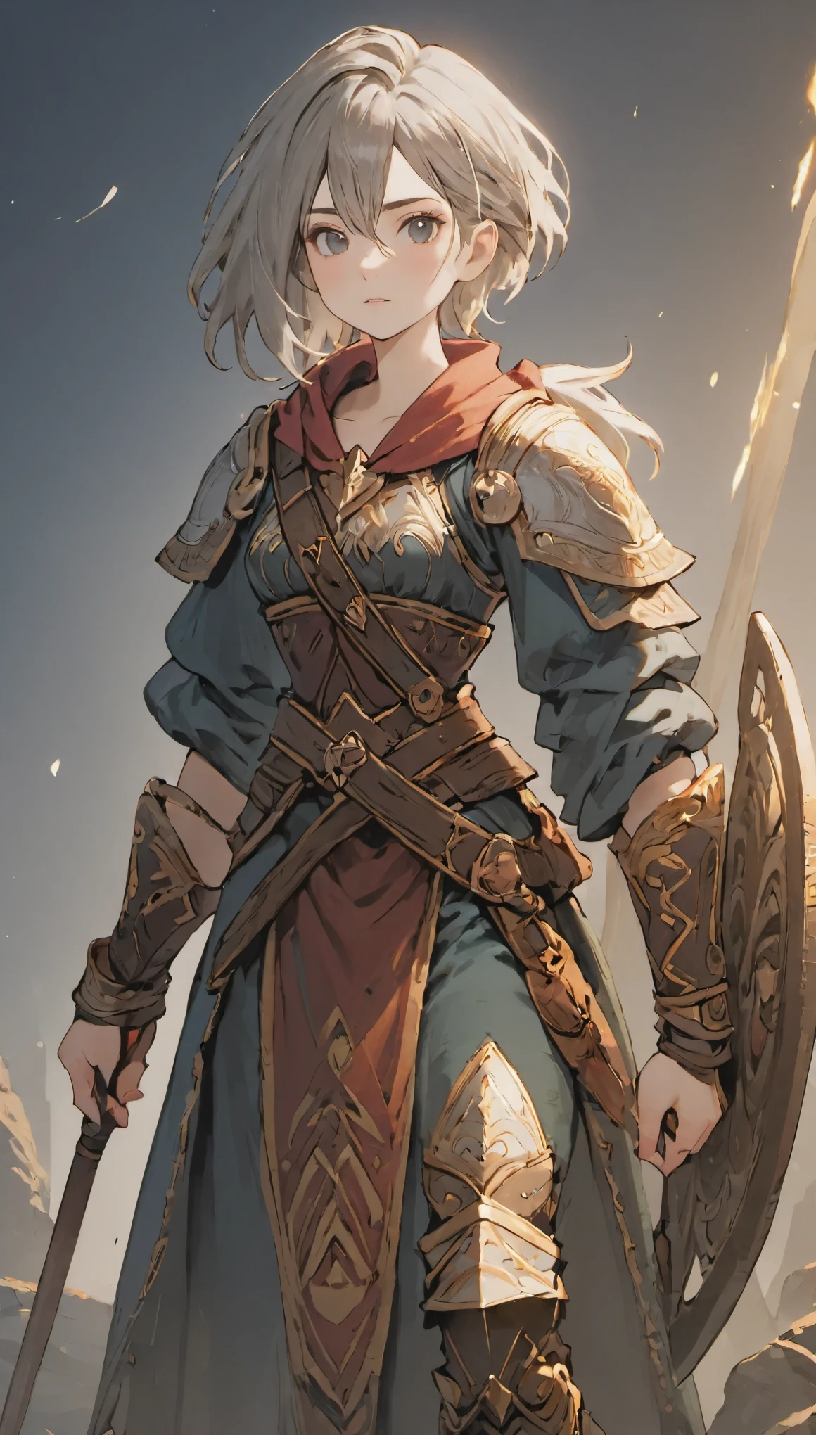 female adventurer, full body, Game Art Style, (masterpiece),  highest quality, High resolution, 4k, 8K, Detail view, intricate details, cinematic lighting, amazing quality, 1 girl, bold female warrior,Amazoness,gray hair, great shading, soft lighting, Face-to-face camera, perfect eyes