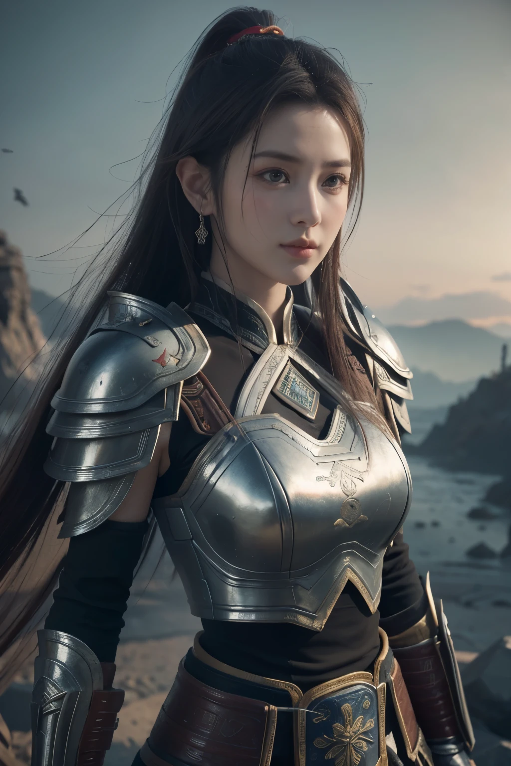 Game art，The best picture quality，Highest resolution，8K，(A bust photograph)，(Portrait)，(Head close-up)，(Rule of thirds)，Unreal Engine 5 rendering works， (The Girl of the Future)，(Female Warrior)， 
15 year old girl，(The generals of ancient China)，An eye rich in detail，(Big breasts)，Elegant and noble，indifferent，brave，
(Wearing ancient Chinese style armor，Armor of Tang Dynasty，Costumes are rich in detail，Metallic luster，Silver gray)，Chinese characters，fantasy style，
photo poses，wild background，Movie lights，Ray tracing，Game CG，((3D Unreal Engine))，OC rendering reflection pattern
