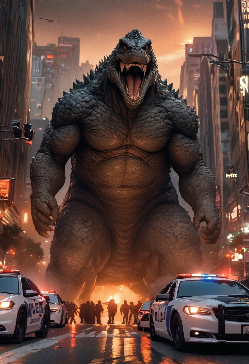 (melhor qualidade, obra de arte:1.2), Fotos do iPhone 8k：Godzilla intensamente furioso se prepara para atacar uma criatura alienígena alta e sombria no centro de São Francisco, pôr do sol, cercado por carros da polícia, luzes e sirenes, Rua desdobrada do soldado do exército, atmosfera de confusão e medo, iluminação de filme, publicado em reddit, publicado em , Efeitos visuais realistas, Masterclass de Composição Digital