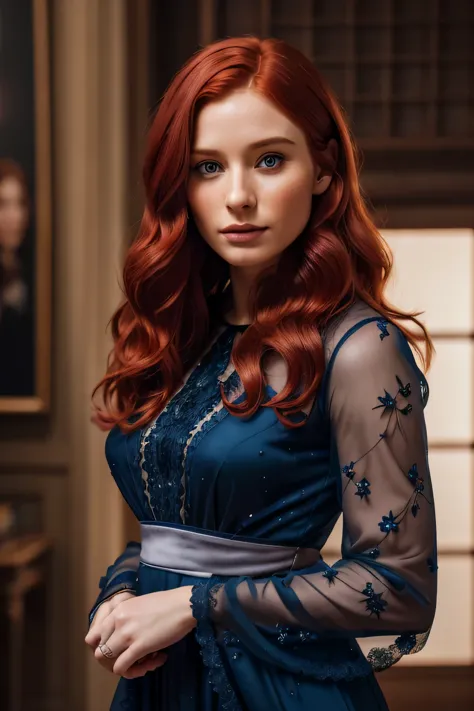 beautiful redhead girl, bryce dallas howard, with shor chanel hair and dark blue and (extra long wavy red tresses), ((portrait))...