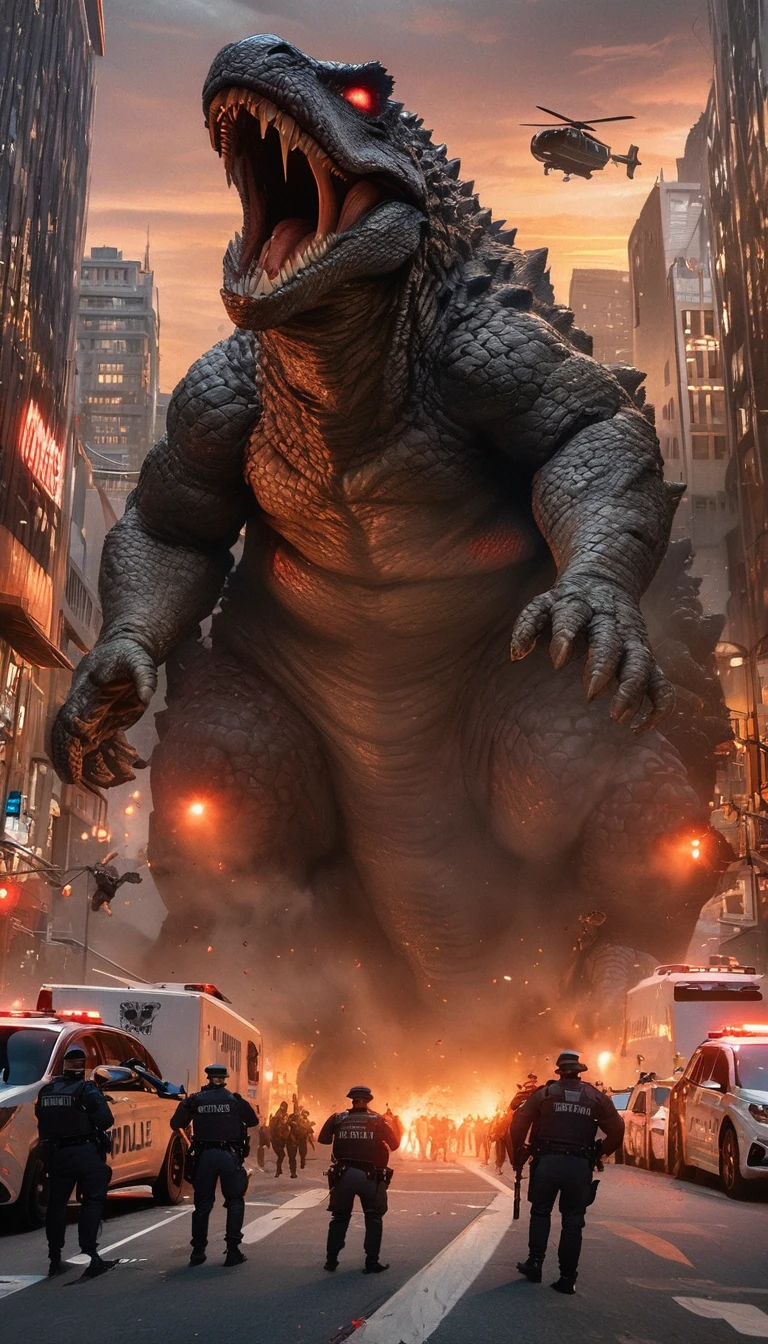 (best quality, masterpiece:1.2), 8k iPhone photos：Intensely angry Godzilla prepares to attack tall shadowy alien creature in downtown San Francisco, sunset, surrounded by police cars, lights and sirens, Deployed army soldier street, atmosphere of confusion and fear, movie lighting, Published on reddit, Published on , Realistic visual effects, Digital Composition Masterclass .super wide angle