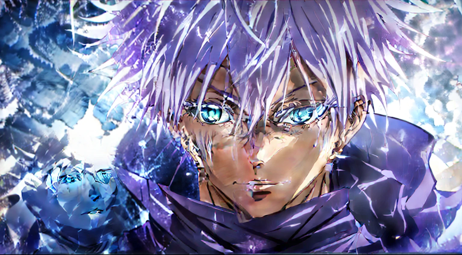 Anime-Figur mit blauen Augen und weißen Haaren in einem lila Outfit, Killer Zoldyck portrait, Killer Zoldyck, Killer Zoldyck black hair, Killer Zoldyck made of jewlery, Großer Anime-Typ mit blauen Augen, hübscher Typ in der Dämonentöter-Kunst, Nagito Komaeda, Hochwertiger Anime-Stil