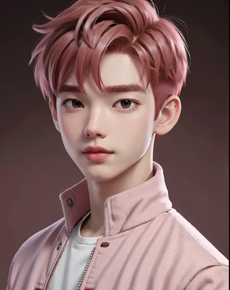 best quality, 1boy, solo, cartoon portrait ,  background,  short hair,   pink lips, red hair, wearing red varsity jacket