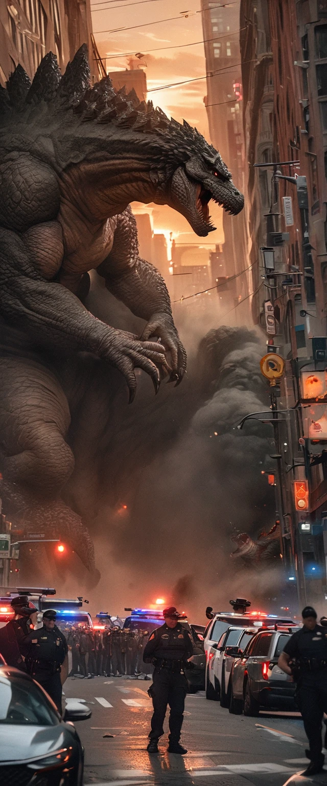 (best quality, masterpiece:1.2), 8k iPhone photos：Intensely angry Godzilla prepares to attack tall shadowy alien creature in downtown San Francisco, sunset, surrounded by police cars, lights and sirens, Deployed army soldier street, atmosphere of confusion and fear, movie lighting, Published on reddit, Published on , Realistic visual effects, Digital Composition Masterclass .super wide angle