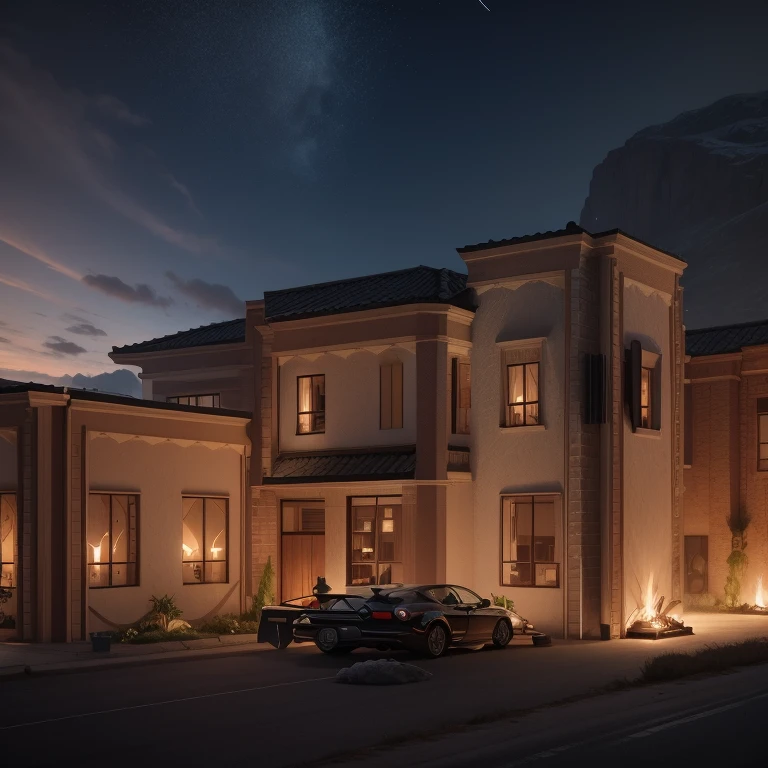 arafed house with a car parked in front of it at night, night time render, high quality rendering, exterior design, inter dimensional villa, highly rendered!!, stuning 3 d render, exquisite rendering, front view dramatic, final render, 3 d rendering, 3d rendering, architectural rendering, elegant render, 3 d render even lit, front perspective