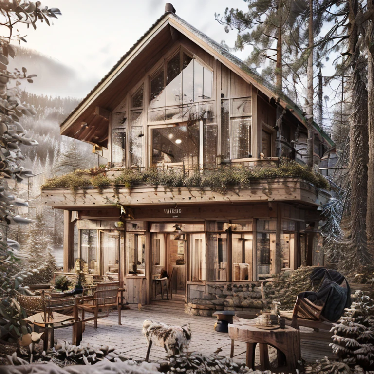 a close up of a wooden building with tables and chairs, peaceful wooden mansion, wooden house, wooden cottage, beatiful house, cottagecore!!, cottagecore, luxurious wooden cottage, cottage in the woods, chalet, beautiful place, house in forest, a multidimensional cozy tavern, immensely detailed scene, cottage in the forest, cafe in the clouds