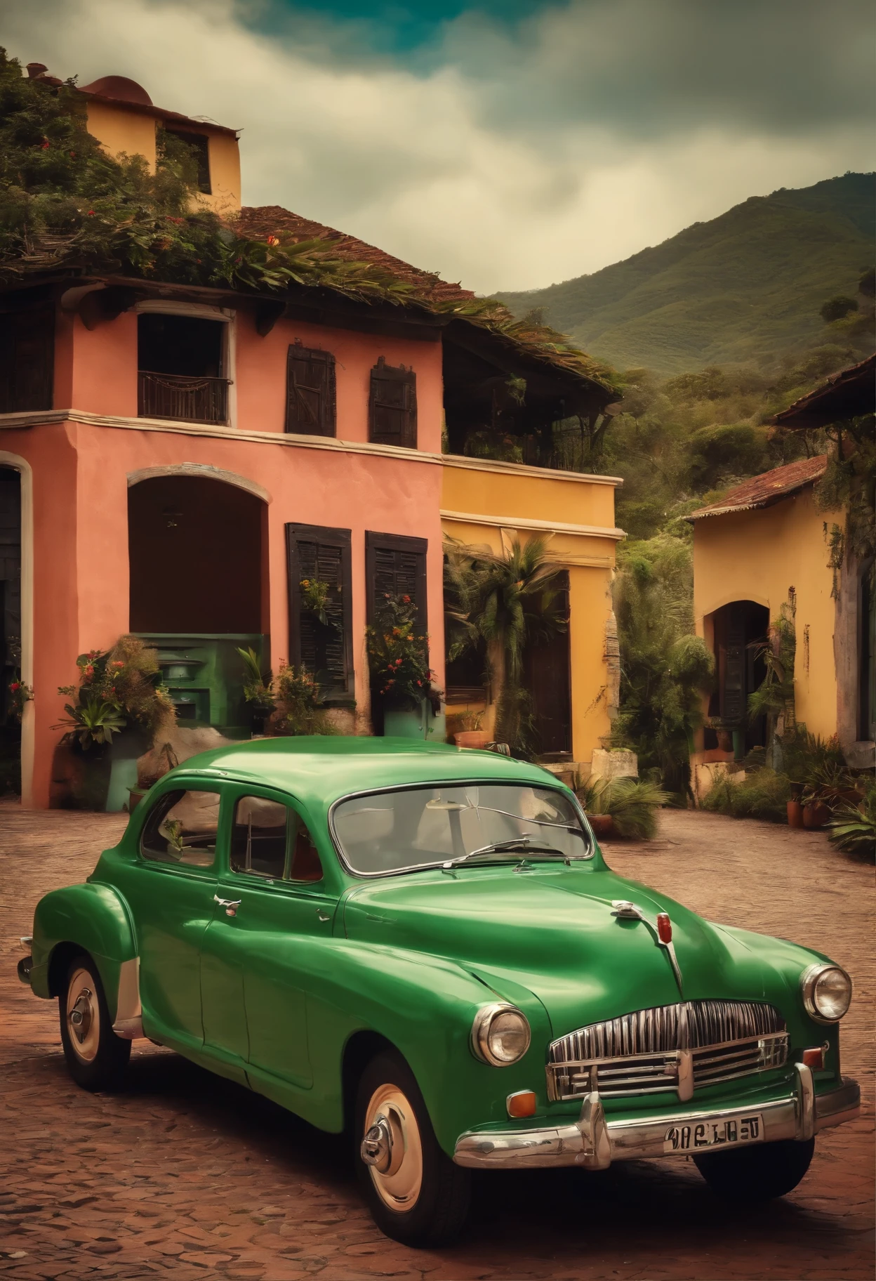 There is a green car parked in front of a pink building - SeaArt AI