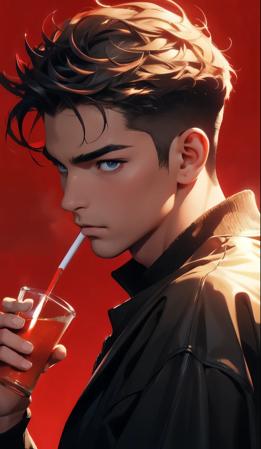 1boy,red background,absurdres,masterpiece,highres,intricately detailed,a Sigma male,sexy,muscular,strutting outdoors,gorgeous eyes,detailed face,pouring rain,outdoors,global illumination,subsurface scattering, drinking cigarette 