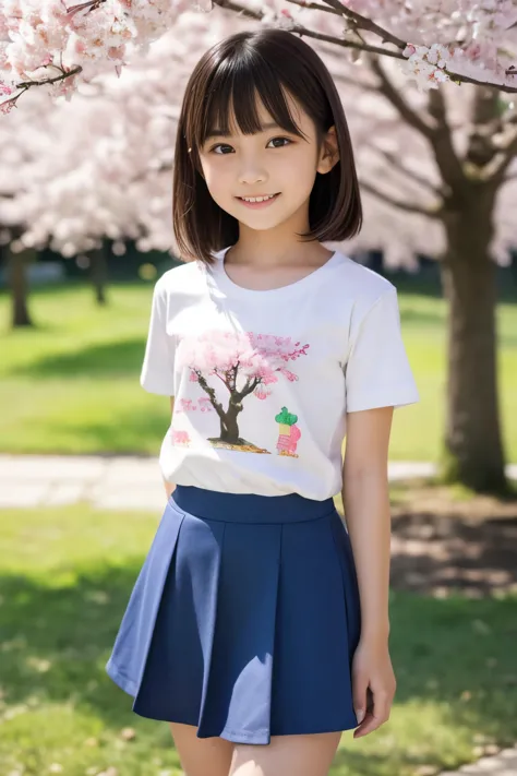 8K,masterpiece,Japanese,9 year old girl,from the front,smile,Innocent face,calm eyes,Childish,small breasts,T-shirt,short sleeve...