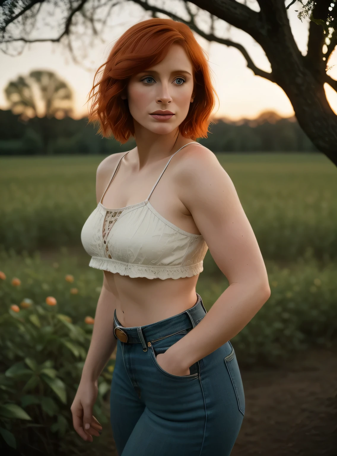 masterpiece, highest quality, colorful cinematic lighting, portrait photograph of bryce dallas howard, female peach farmer with overflowing [red] hair, short chanel hair, crop top , daisy dukes, ornate leather cowboy boots, (perfect face:1.1), standing under a peach tree in rolling pasture, sunset in the background, dappled light, romantic, HDR, highly detailed, hasselblad, 8k, hyper realistic, eye level shot, f1.4 aperture, 8mm film grain, cinestill 800 , art by rutkowski and mucha, ,
