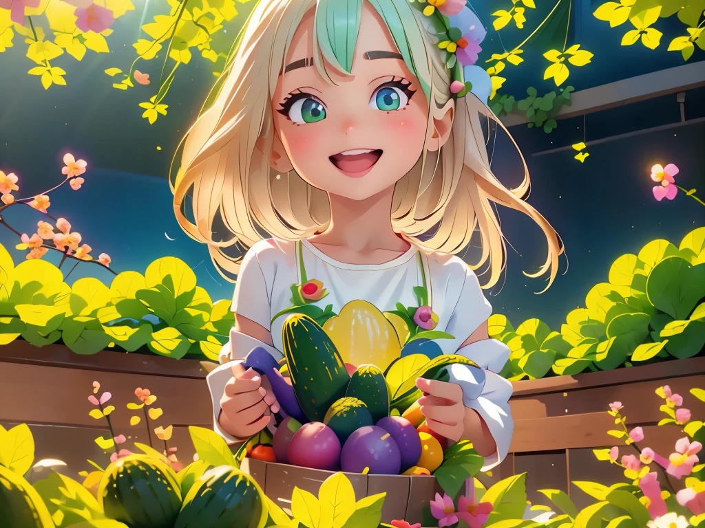 girl playing with vegetables, playful girl, joyful girl, curious girl, vibrant colors, detailed features, realistic rendering, soft lighting, vegetable garden scenery, greenery, colorful produce, joyful expression, sunlight filtering through trees, organic farming, youthful energy, laughter, natural beauty, vegetable basket, exploration, healthy lifestyle