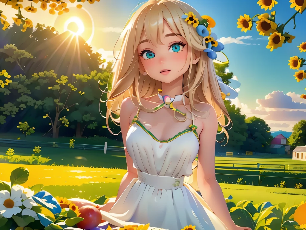 (best quality,4k,8k,highres,masterpiece:1.2),ultra-detailed,realistic,beautiful detailed eyes,beautiful detailed lips,extremely detailed face,longeyelashes,1girl,organic vegetables,playful,joyful,organic farming,green garden,summer breeze,farm-to-table,sun-kissed skin,flowy dress,colorful vegetables,blonde hair,healthy lifestyle,fresh produce,farm girl,harvesting,sunflowers,bountiful crops,vibrant colors,beautiful landscape,delicate fingers,happy expression,nature's bounty,wholesome meal,field of dreams,utopia