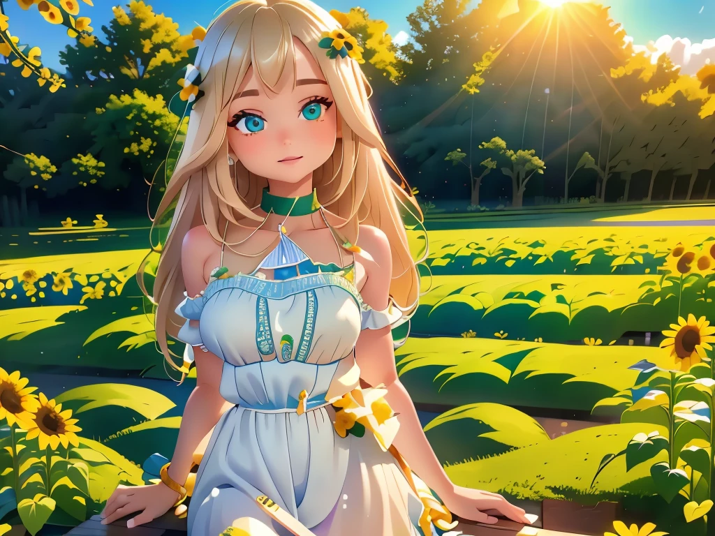 (best quality,4k,8k,highres,masterpiece:1.2),ultra-detailed,realistic,beautiful detailed eyes,beautiful detailed lips,extremely detailed face,longeyelashes,1girl,organic vegetables,playful,joyful,organic farming,green garden,summer breeze,farm-to-table,sun-kissed skin,flowy dress,colorful vegetables,blonde hair,healthy lifestyle,fresh produce,farm girl,harvesting,sunflowers,bountiful crops,vibrant colors,beautiful landscape,delicate fingers,happy expression,nature's bounty,wholesome meal,field of dreams,utopia