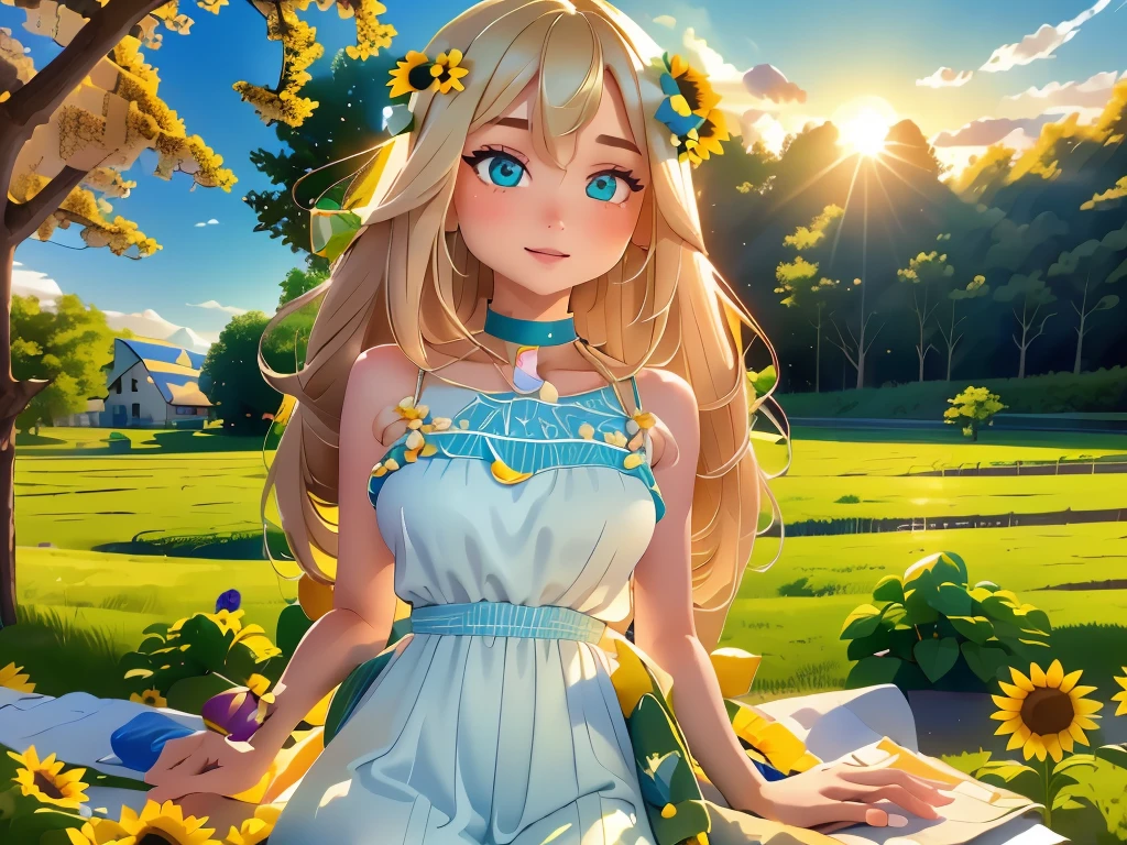 (best quality,4k,8k,highres,masterpiece:1.2),ultra-detailed,realistic,beautiful detailed eyes,beautiful detailed lips,extremely detailed face,longeyelashes,1girl,organic vegetables,playful,joyful,organic farming,green garden,summer breeze,farm-to-table,sun-kissed skin,flowy dress,colorful vegetables,blonde hair,healthy lifestyle,fresh produce,farm girl,harvesting,sunflowers,bountiful crops,vibrant colors,beautiful landscape,delicate fingers,happy expression,nature's bounty,wholesome meal,field of dreams,utopia